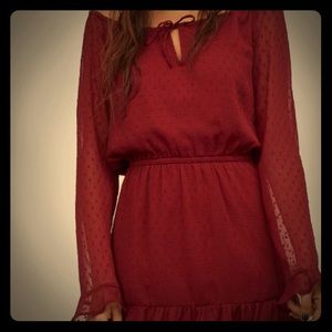 H&M Burgundy Plum Chiffon Dress Tie Ruffle Neck